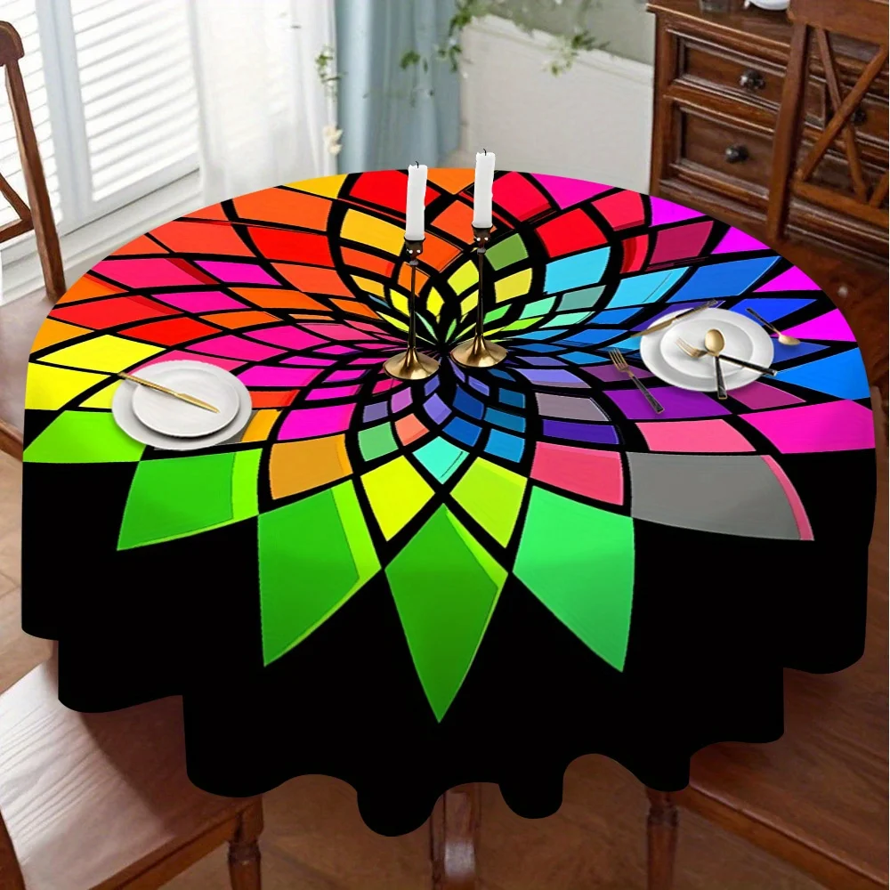 A colorful kaleidoscope wheel-shaped tablecloth design creates a harmonious look on the tabletop.zyc