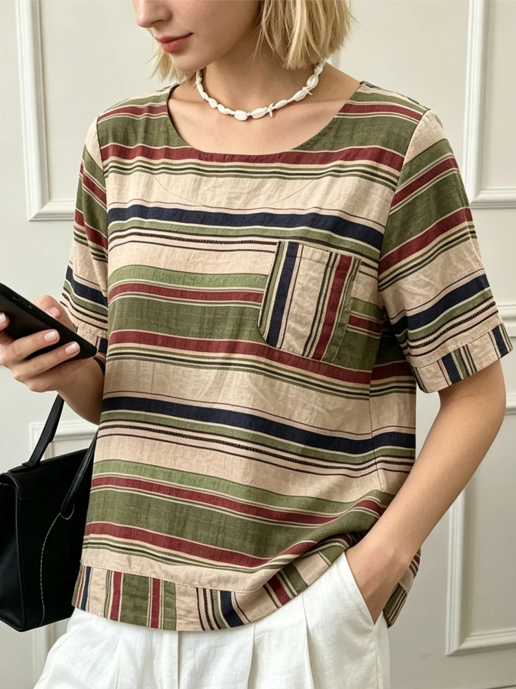 2026 Summer Retro Stripe Women Linen Cotton Short Sleeve Top, Round Neck Loose Fit With Chest Pocket, Multicolor  Striped Blouse
