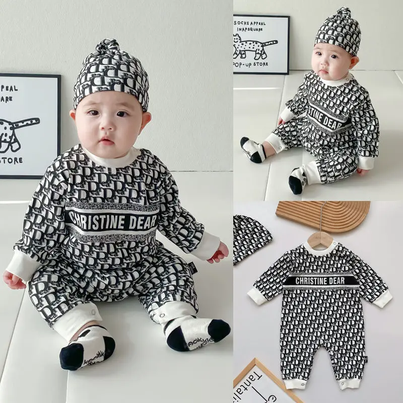 Spring and Autumn New Newborn Baby Onesie Boys Romper with Hat Letter Printed Baby Girls Climbing Clothing Kids Outfits