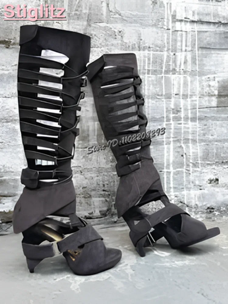 Retro Cross-tied Roman Sandals Solid Frosted Round Toe Belt Buckle Strappy High Heels 2025 Summer New Women Fashion Modern Shoes
