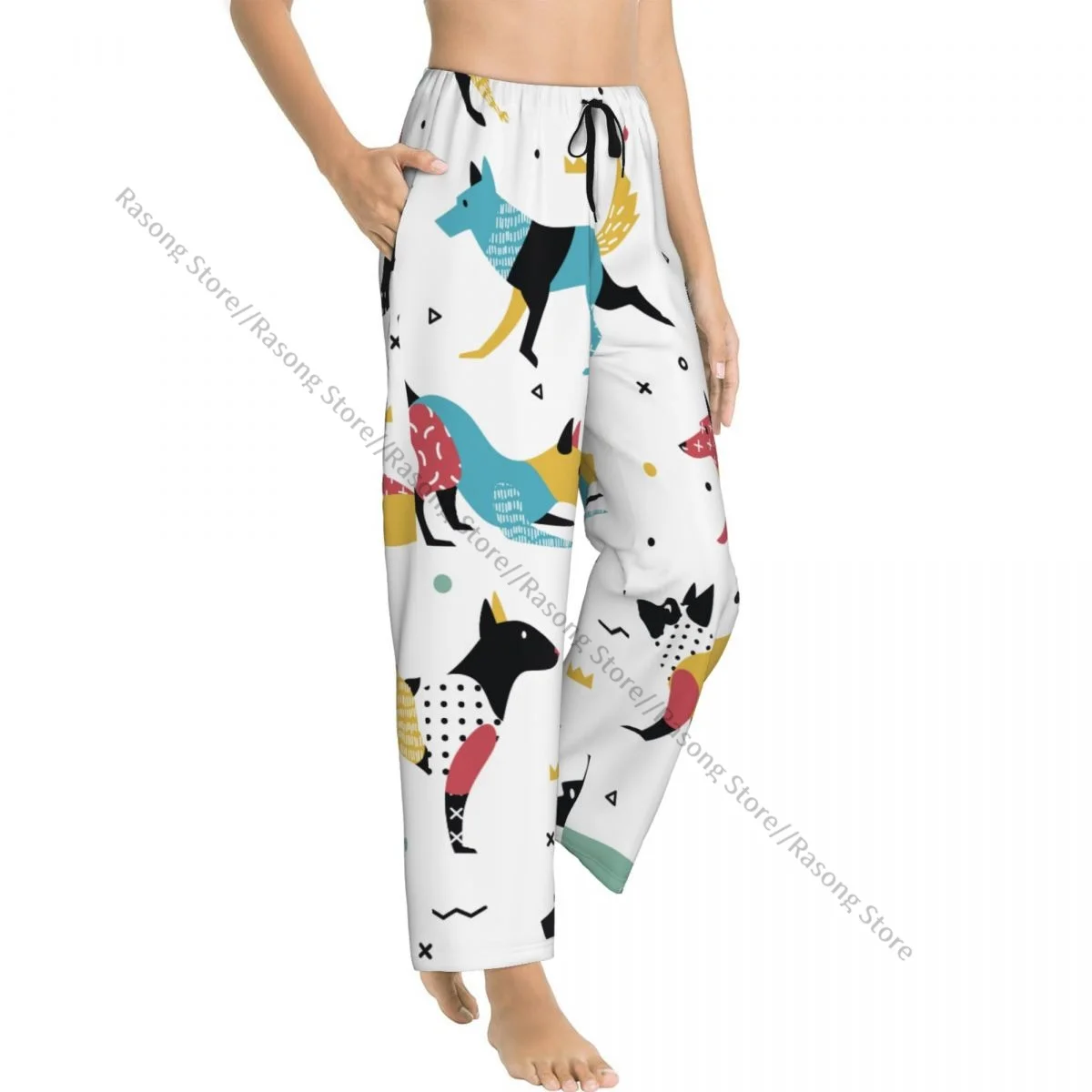 Cozy Flannel Pajama Pants for Women Memphis Dogs And 80s Geometric Shapes Sleep Bottoms Home Loungewear