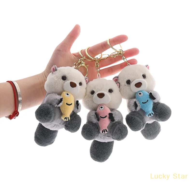 1 Piece Stylish Backpack Keyring Cute Otters Holding Fish Plush Pendant Keychain Lovely School Bag Key Wallet Decoration