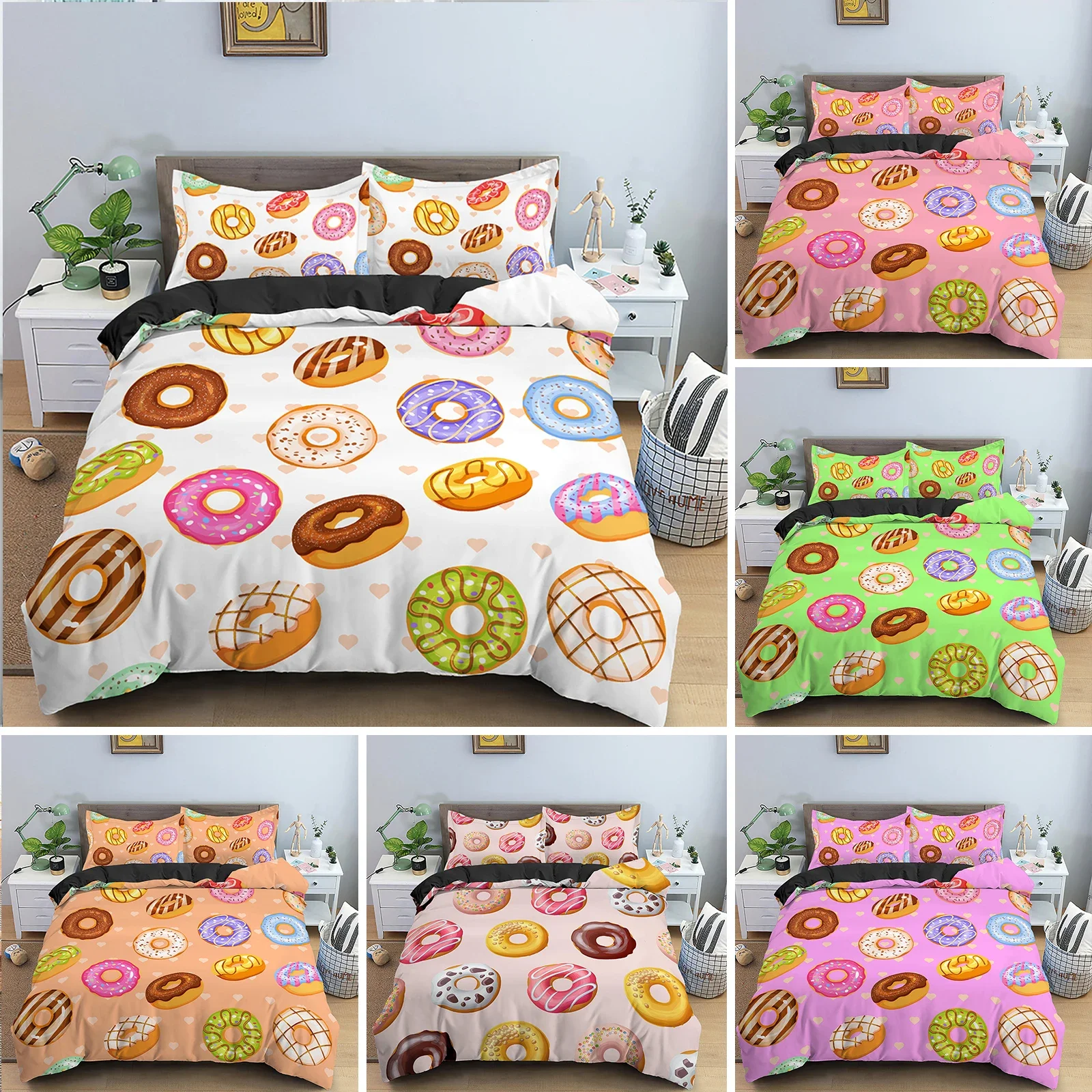 Colorful Donut King Size Duvet Cover Cartoon Sweet Chocolate Dessert Bedding Set for Kids Girl Food 2/3pcs Polyester Quilt Cover