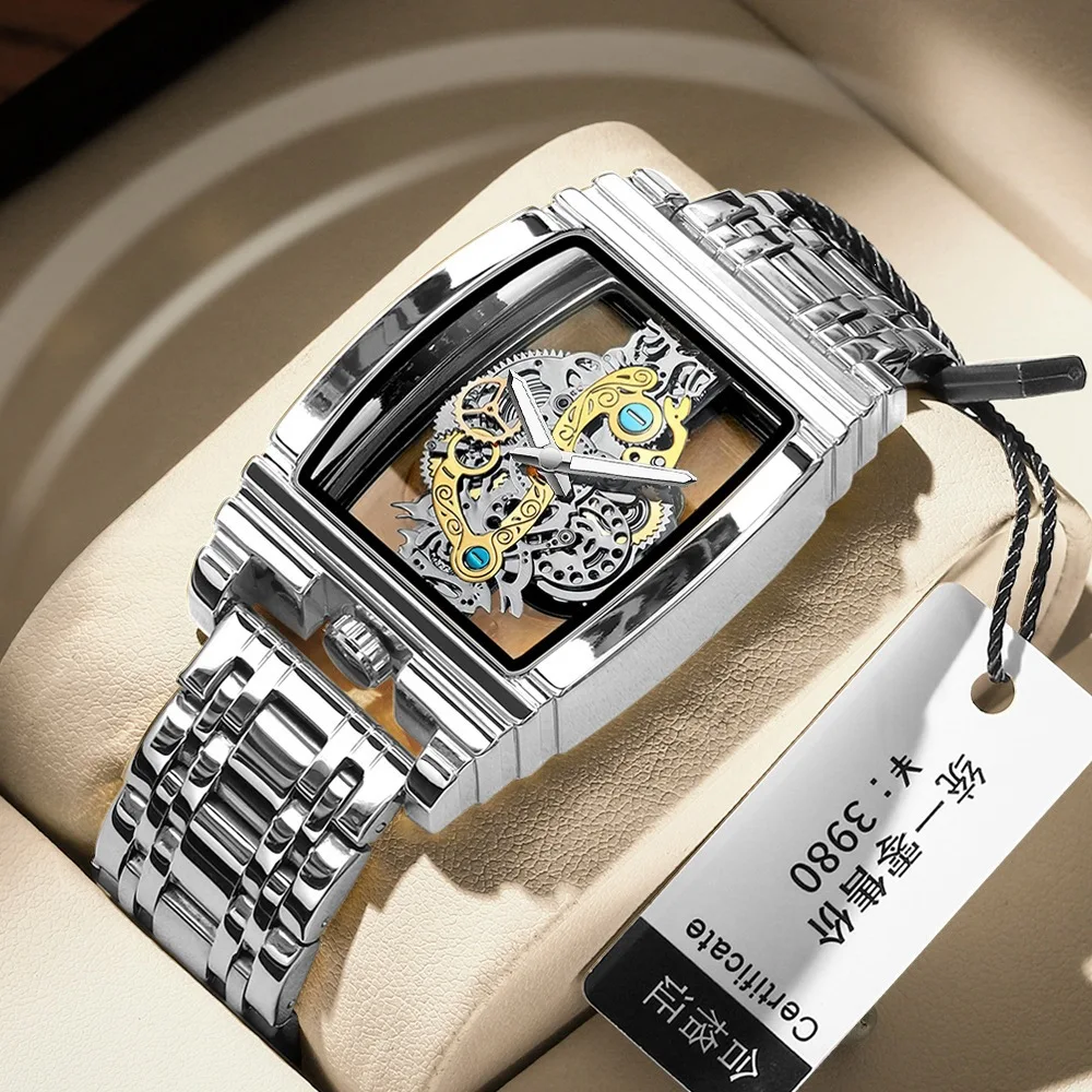 Men's luxury hollow transparent non mechanical watch with retro and gorgeous gear carving design, rectangular large dial belt an