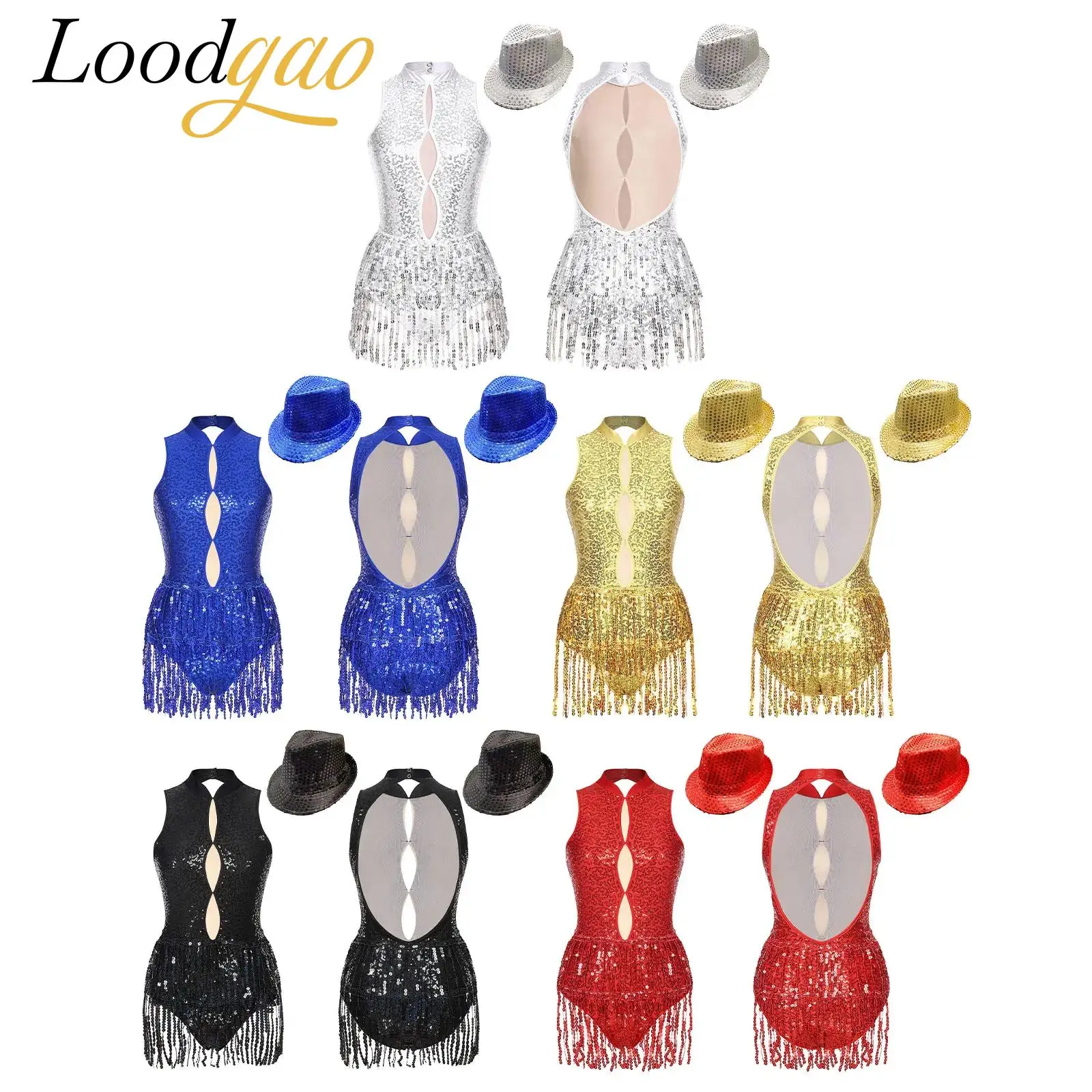 

Womens Sequins Tassel Latin Dance Fringed Leotard Bodysuit for Dancing Competition Latindance Tango Chacha Dancewear with Hat