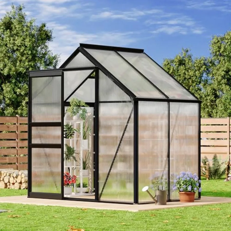 Outdoor weatherproof polycarbonate greenhouse for patio and backyard winter gardening, green color, durable and portable with a