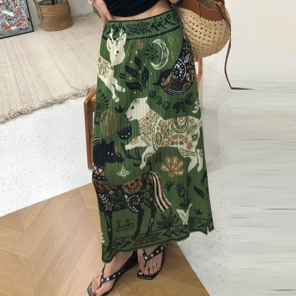 

Summer design sense high waist split temperament long skirt contrasting color printing straight skirt