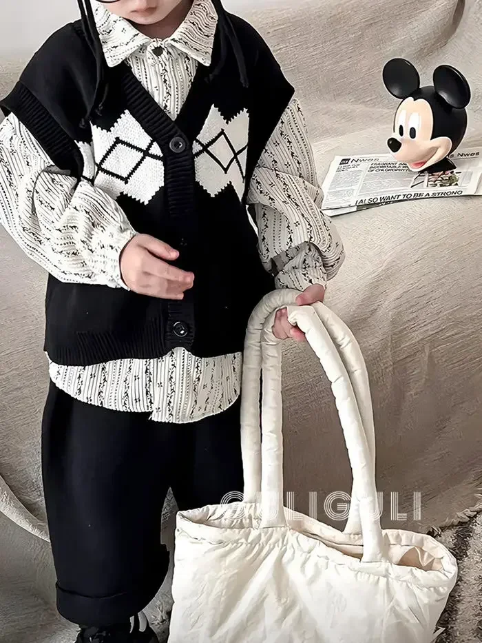 Korean Style Childrens Wear Boys Vest Autumn 2024 Knit Vest Clip Three-piece Classic Fashion Childrens Casual Pants