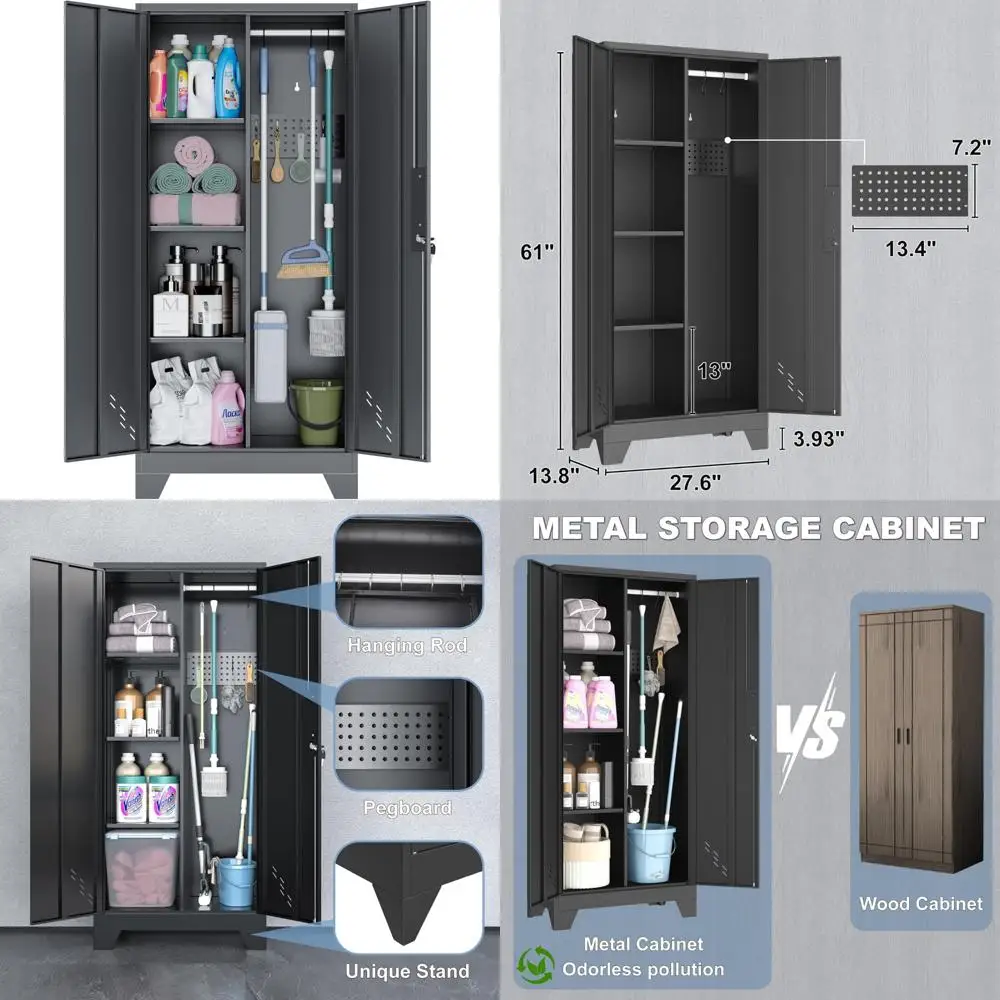 ตู้เก็บของเหล็กแข็งแรง ขนาด 61 นิ้ว สำหรับจัดเก็บในโรงรถ พร้อมราวแขวน ที่เก็บไม้กวาด ตู้เก็บของในห้องน้ำแบบตั้งพื้น