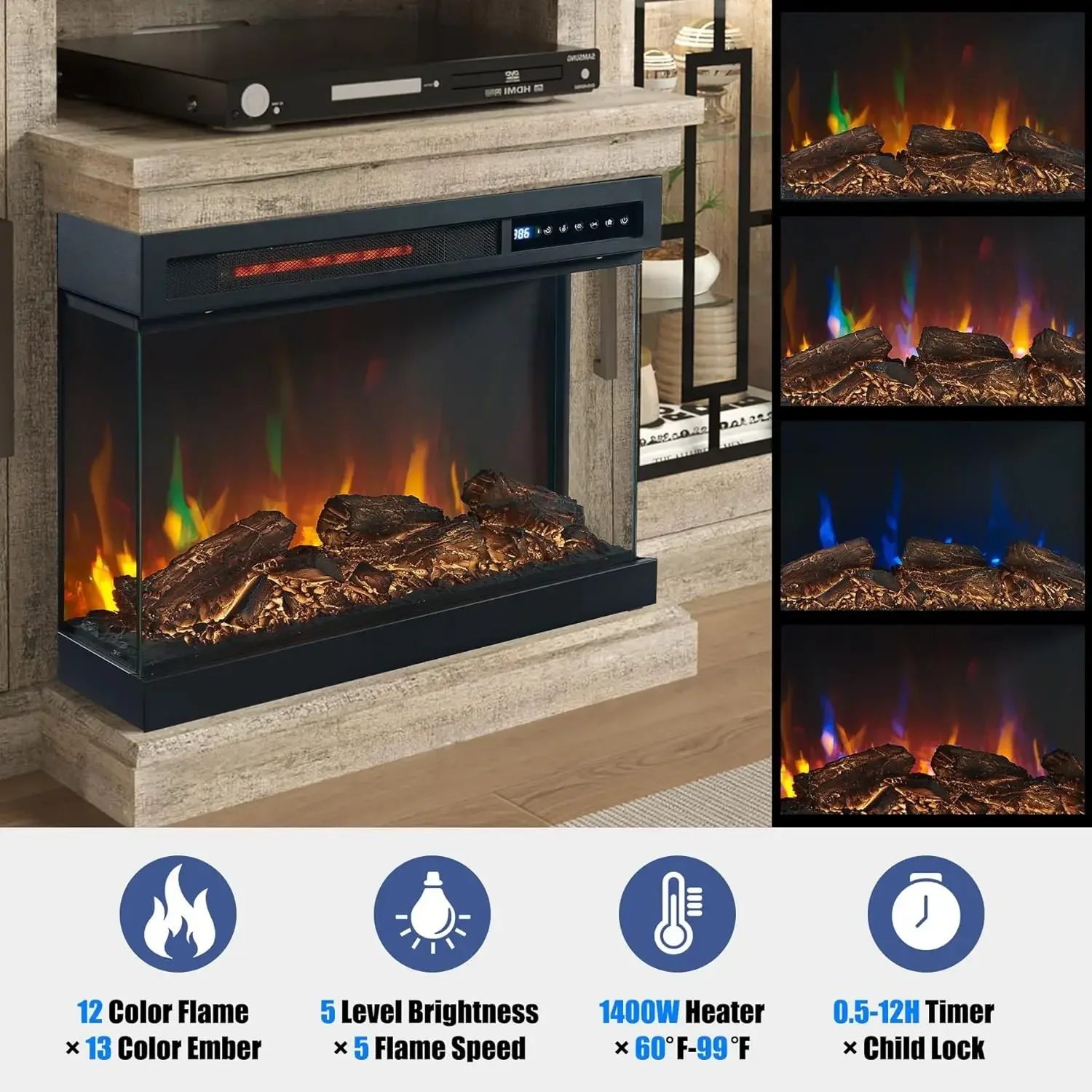 B Soporte  TV LED  59 pulgadas con chimenea  vidrio  3 lados, mesa  consola central  entretenimiento multimedia