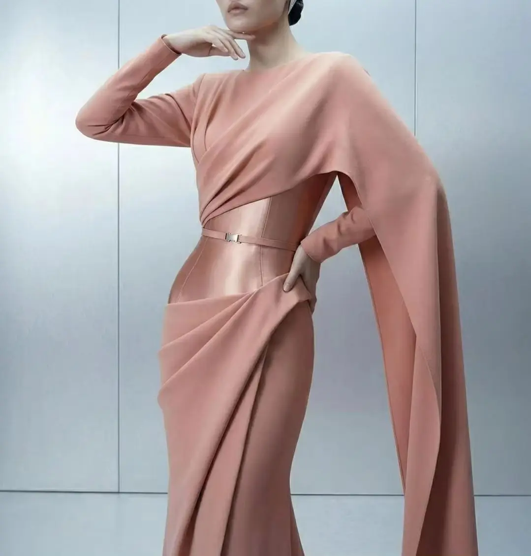 Elegant Blush Pink Women Evening Dress Draped Cape Sleeve Mermaid Prom Gown Belted Corset Waist Formal Wedding Customized