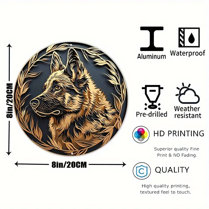 Metal Sign Faux Foil Stamping Papercut Art Painting Round Wreath Decorative Sign Dormitory Decor Men Gifts German Shepherd Theme