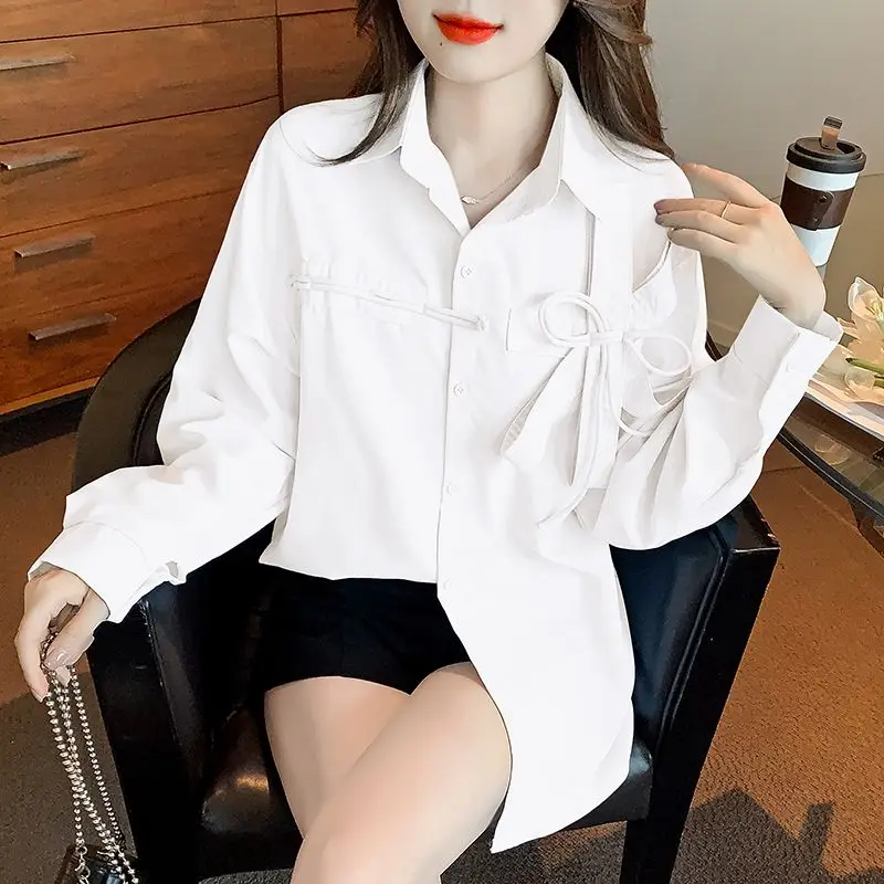Primavera outono feminino chique bowknot solto camisas longas 2025 nova senhora blusa azul cai casual coringa topos feminino