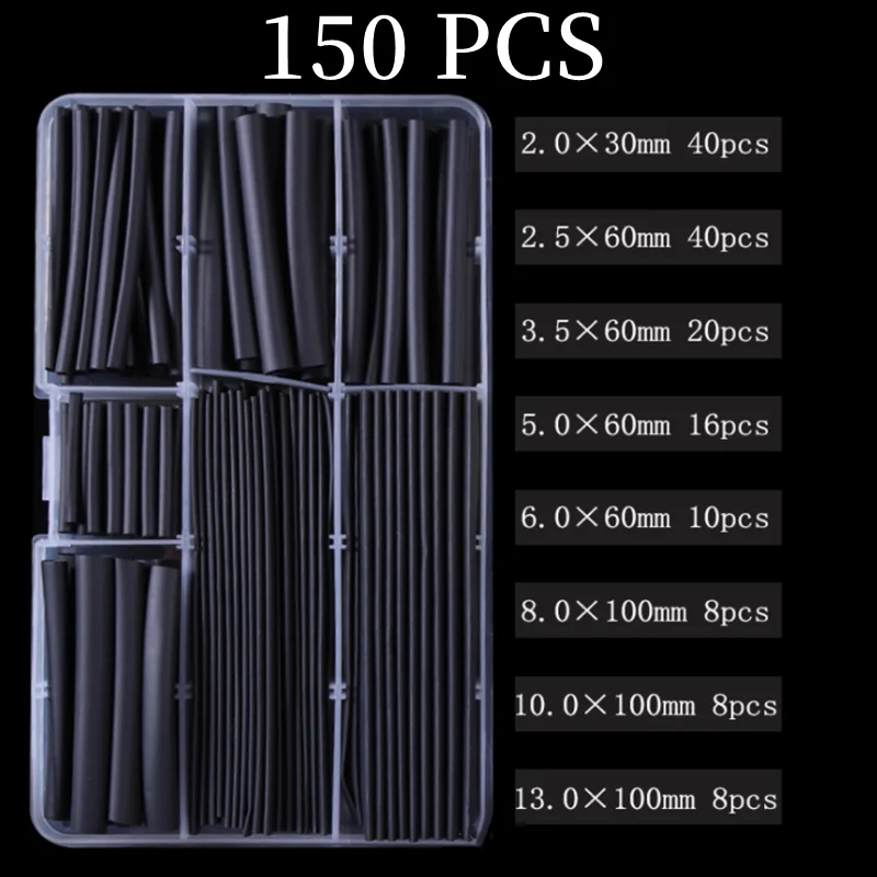 150 PCS Black Boxed 2:1 Times Shrink Heat Shrink Sleeve Set Thermoresistant Tube Wire Insulated Polyolefin DIY Kit