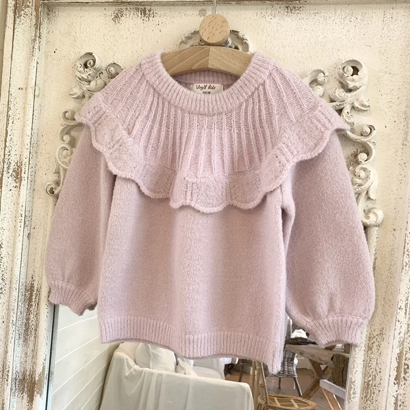 Autumn Girls Sweaters Winter Kids Cloak Sweater Long Sleeved Solid Color Mink Baby Girl Knitted Pullover Warm Baby Girls Sweater