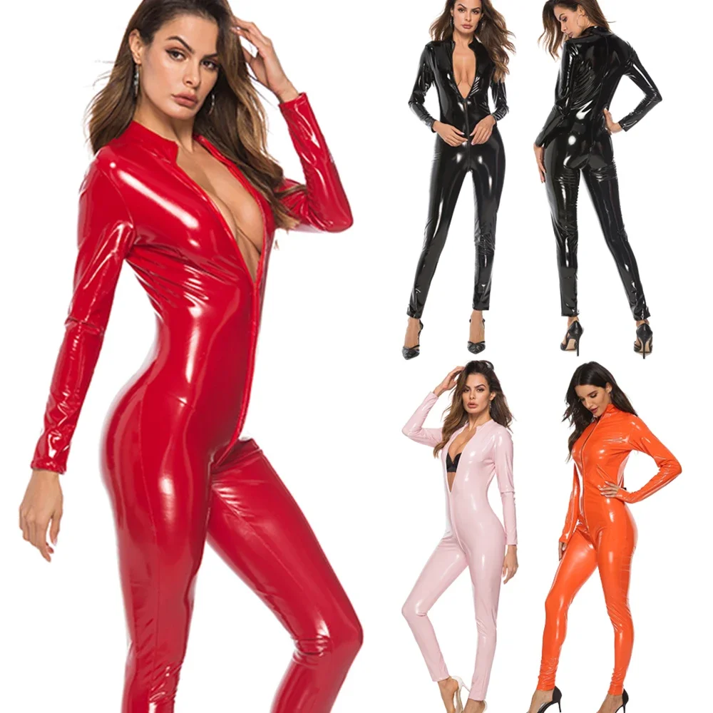 

Women Long Sleeve Wet Look PVC Catsuit Clubwear Shiny Leather Zipper Open Crotch Bodysuit Teddies Sexy Fetish Cosplay Jumpsuits