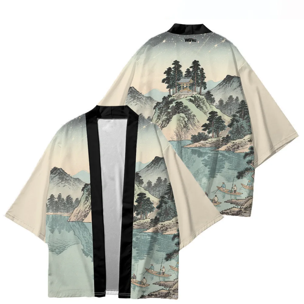أنيقة المشهد اللوحة كيمونو سترة النمط الصيني الجديد 3D المطبوعة الرعوية كيمونو ثوب النوم الرجال Haori #5