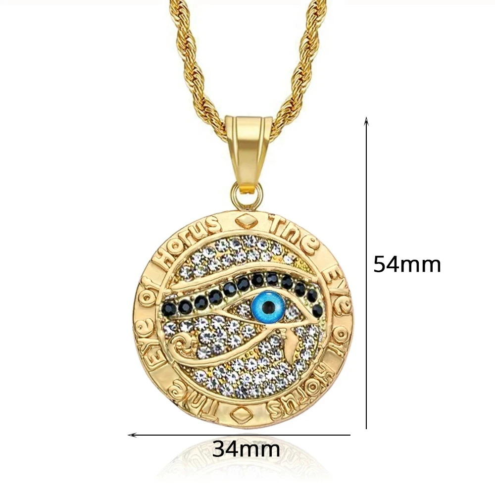 Egyptian Eye of Horus Necklace Pendant & Chain For Men Women Gold Color Stainless Steel Round Hiphop Ancient Egypt Jewelry N1238