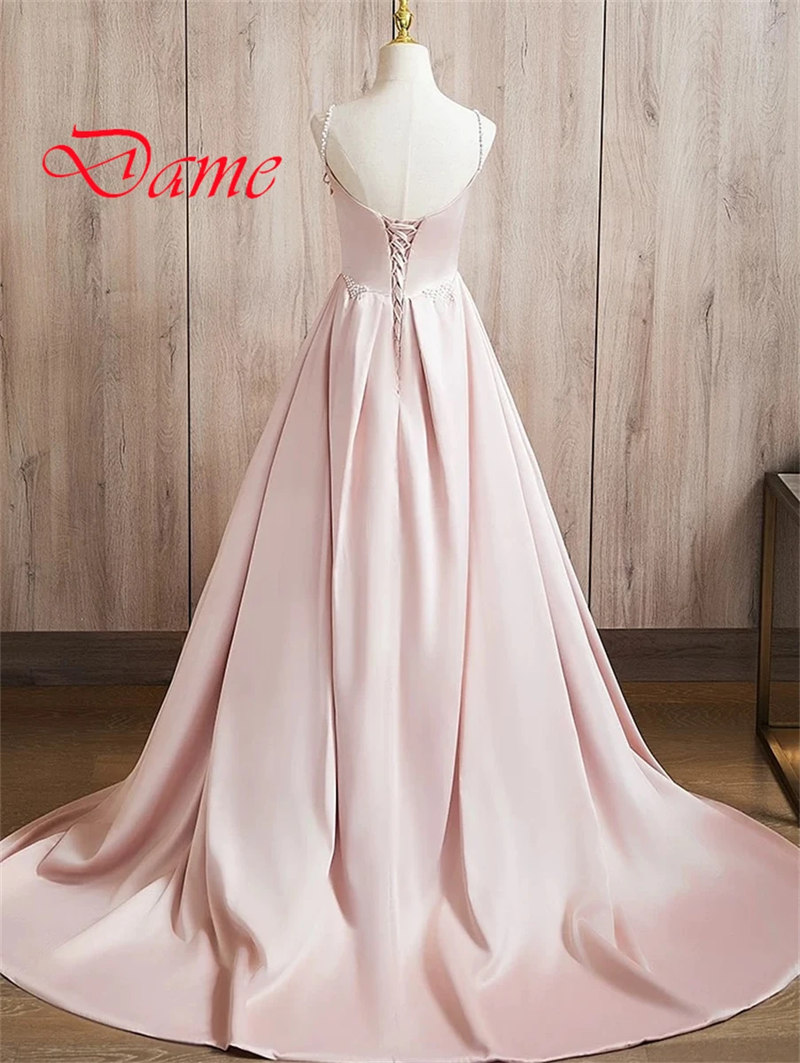 Customized  Graceful Light Pink Satin Evening Dress Exquisite Square Collar Spaghetti Straps Sleeveless Lace Up Back Prom Dress