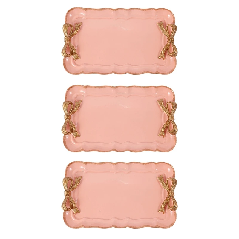 

Hot Selling-3X European Style Bow Cake Storage Trays Makeup Organizer Dessert Plate Square Decor 12X20cm Pink,3X European Style