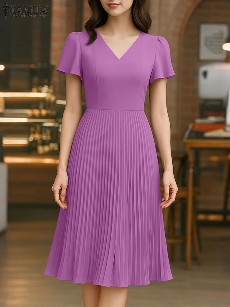 ZANZEA 2025 Letnia Sukienka Damska Dekolt V Jednolita Plisowana Sukienka Letnia Krótki Rękaw Linia A Imprezowa Vestidos Robe Elegancka Sukienka do Pracy Biurowej