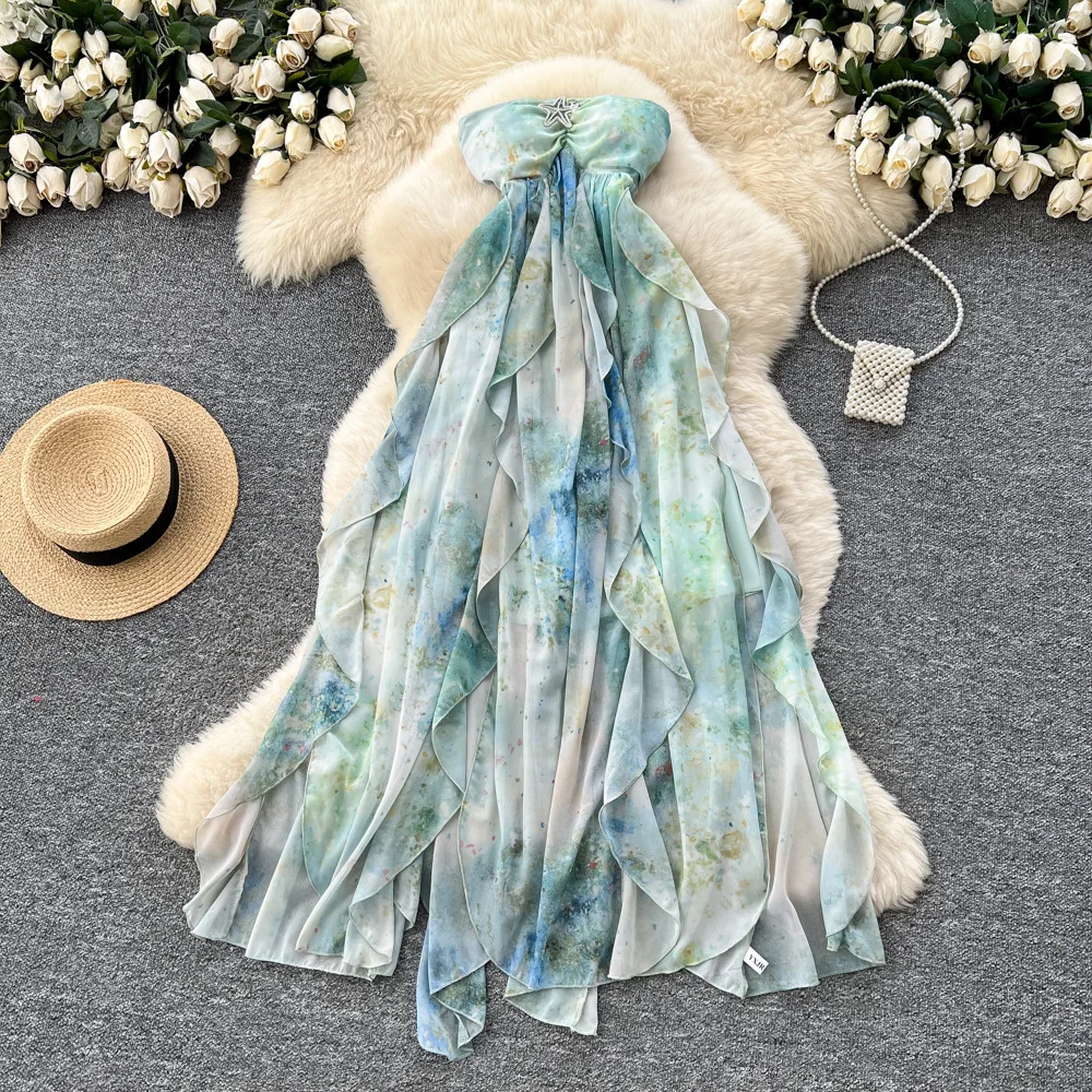 

Women Dresses Gradient Dress Side Slit Ruffle Trim Strapless Neck Ankle Length Sleeveless Empire Cinched Waist Loose 2025 Spring