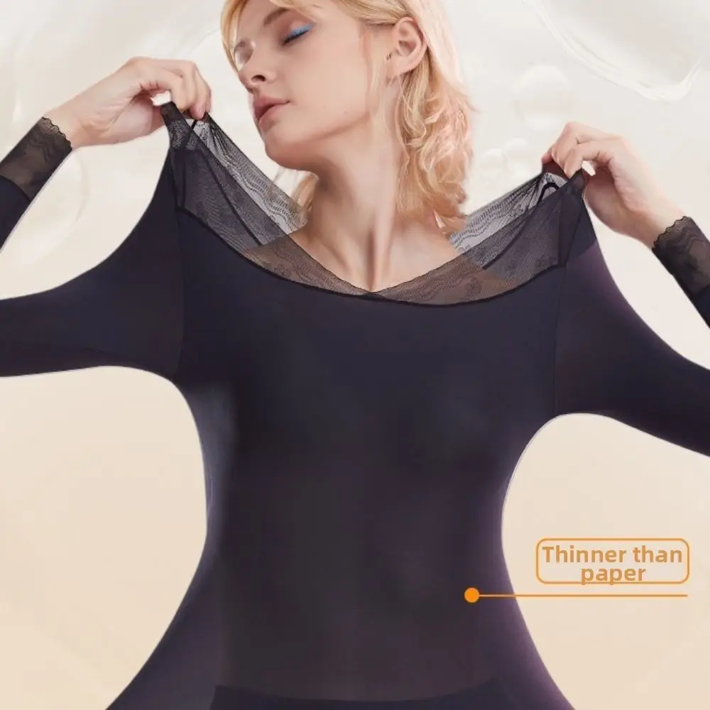 Tops and Pants Women Thermal Clothes Lace V Neck Ultra-thin Invisible Thermal Underwear Large Size Feel Heating