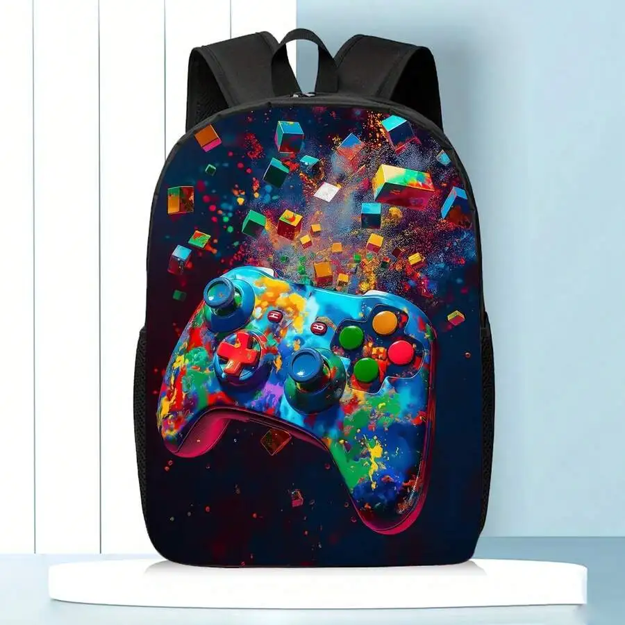 

Vibrant Neon Gaming Controller Print Backpack 17 Inch Lightweight Unisex Daypack With Adjustable Straps Water Bottle Holder