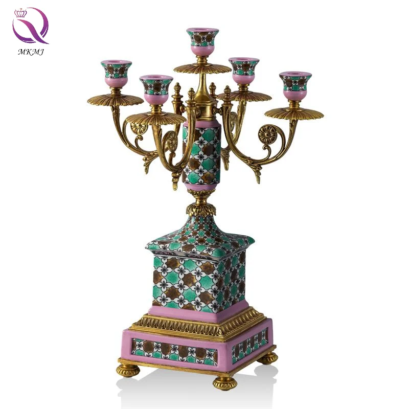 

Vintage 5 Cup Brass Candlestick Wedding Table Decoration Hand Painted Porcelain Candlestick High Quality Luxury Home Decoration