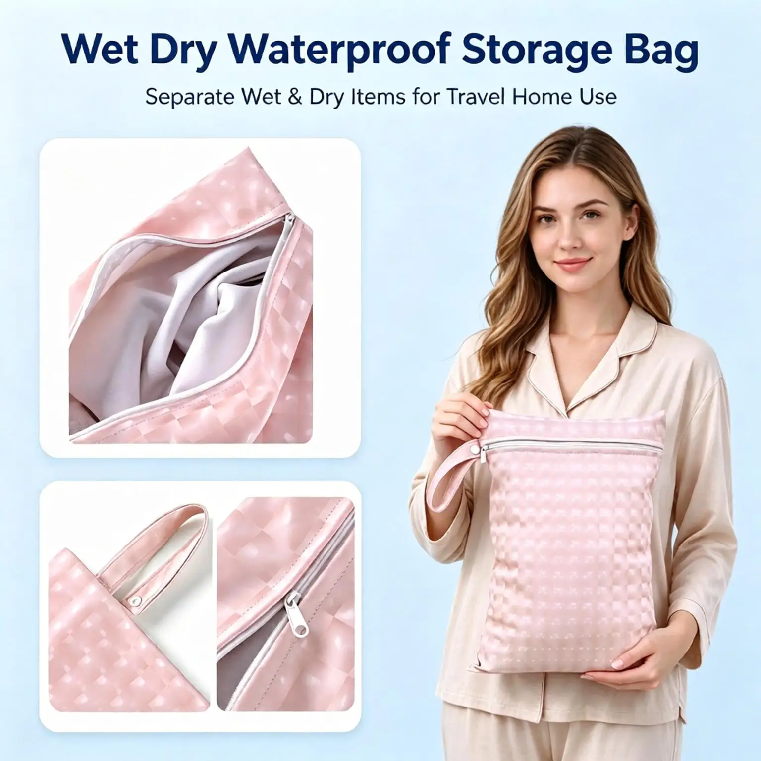 Waterproof PU Wet Dry Bag Reusable Large Capacity Zipper Hanging Storage Pouch Solid Color for Baby Cloth Diaper Maternity