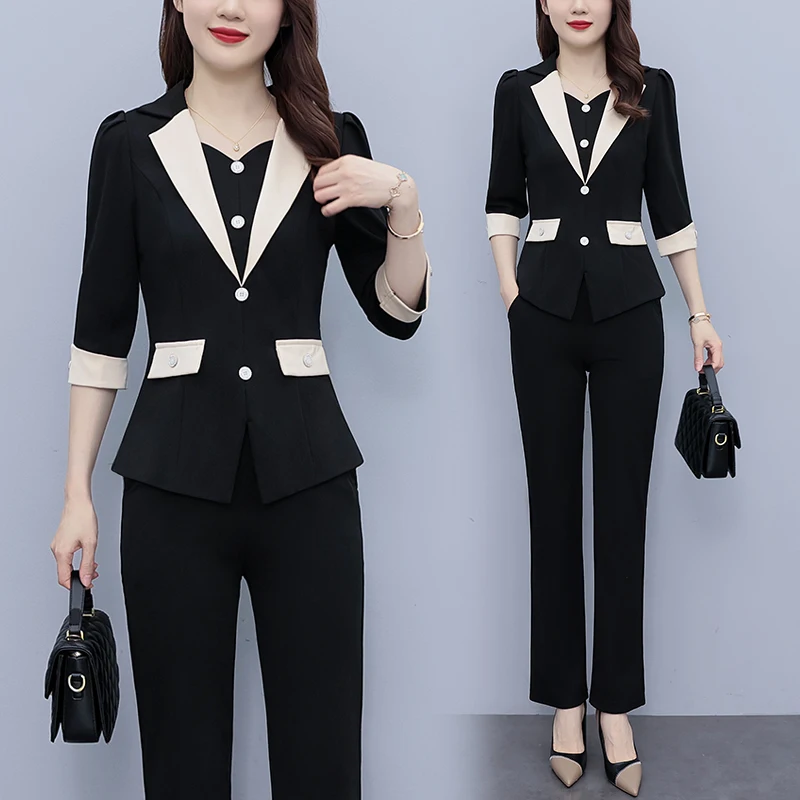 

2PCS Chiffon Women Pants Sets 2023 Summer New Office Lady Solid Turn Collar Short Sleeve Lacing Blouse Female Pantsuits Outfits