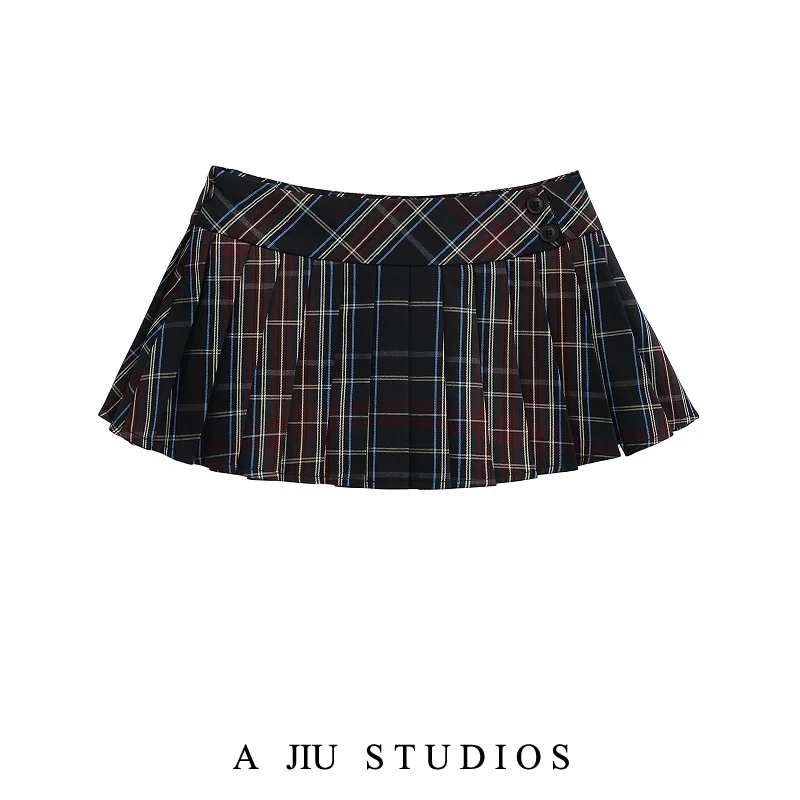 Niedrige Taille A-linie Rock frauen Frühling Sommer Neue Sle Plaid Falten Rock Abnehmen Anti-Licht Straße Sle ort Rock