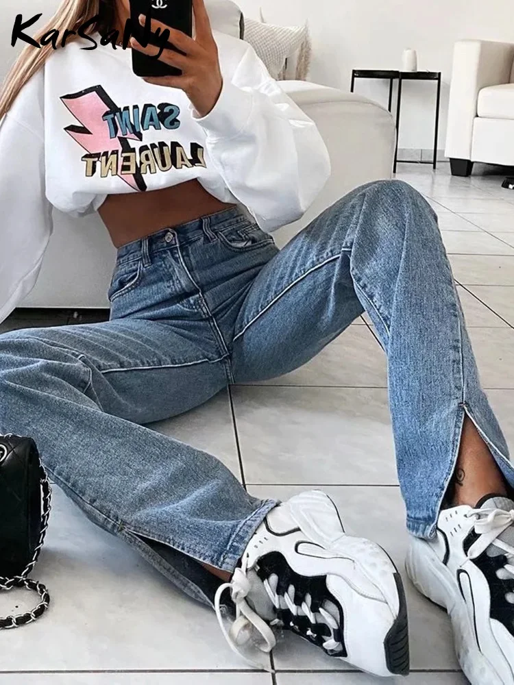 Slim Straight Split Jeans Women High Waist Denim Pants Womens Vintage Long Ankle Slit Jeans For Women Black Denim Trousers 2023