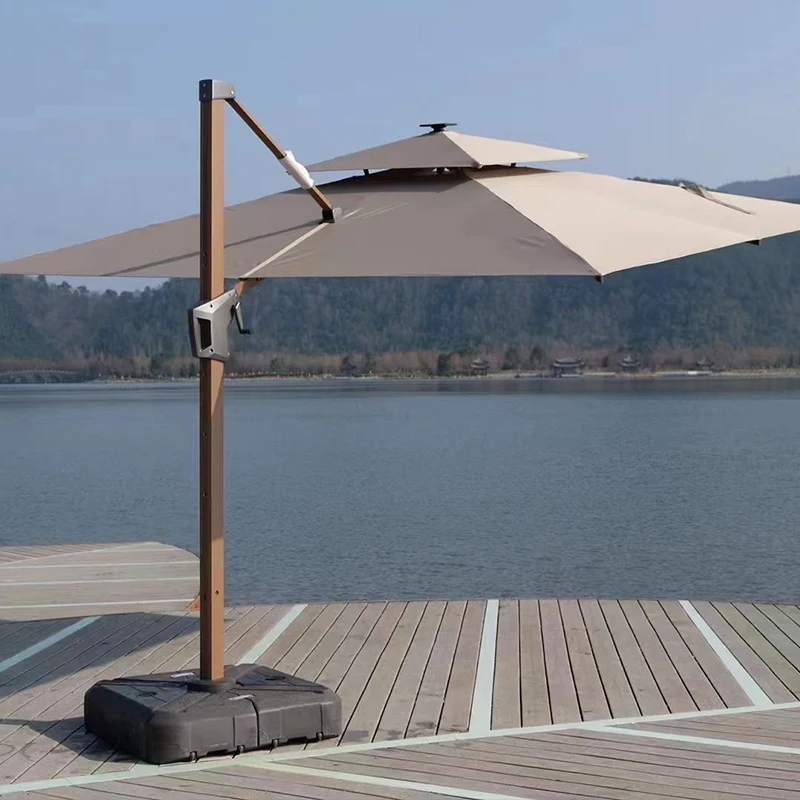 Square Patio Umbrella LED Lights Offset Cantilever Outdoor  Terrace Garden Sunshade Umbrella with Tassel and Base