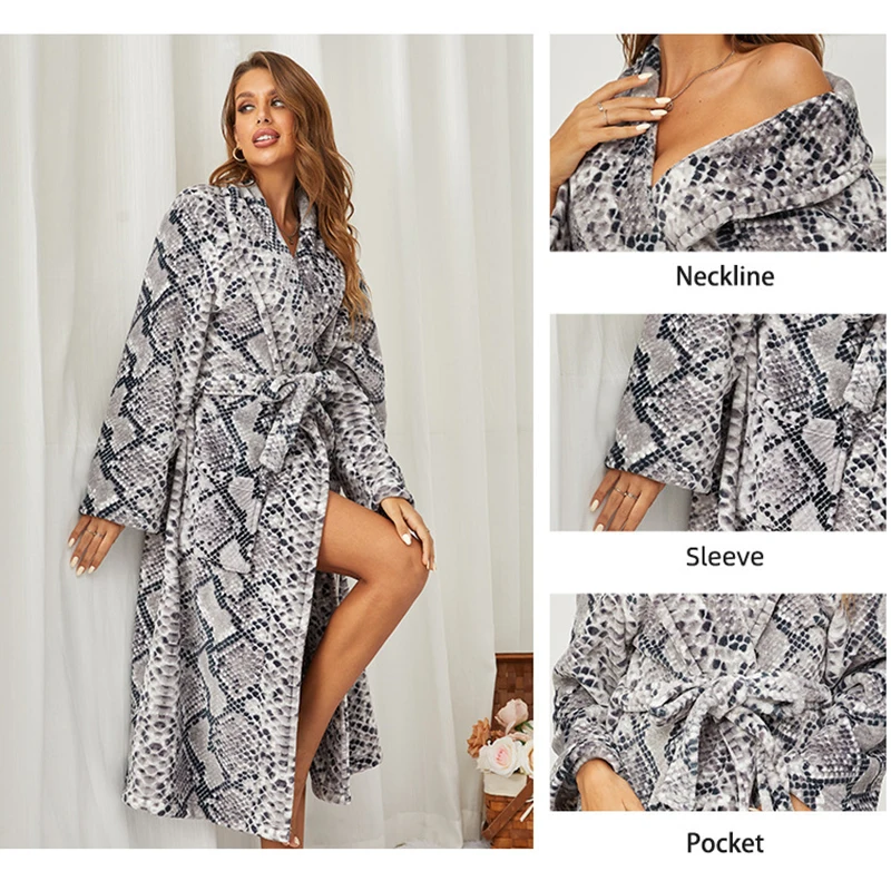 2024 Autumn Winter New Bathrobe Gown Women Loose Kimono Flannel Robes Warm Shower Lapel Snake Skins Print Homewear