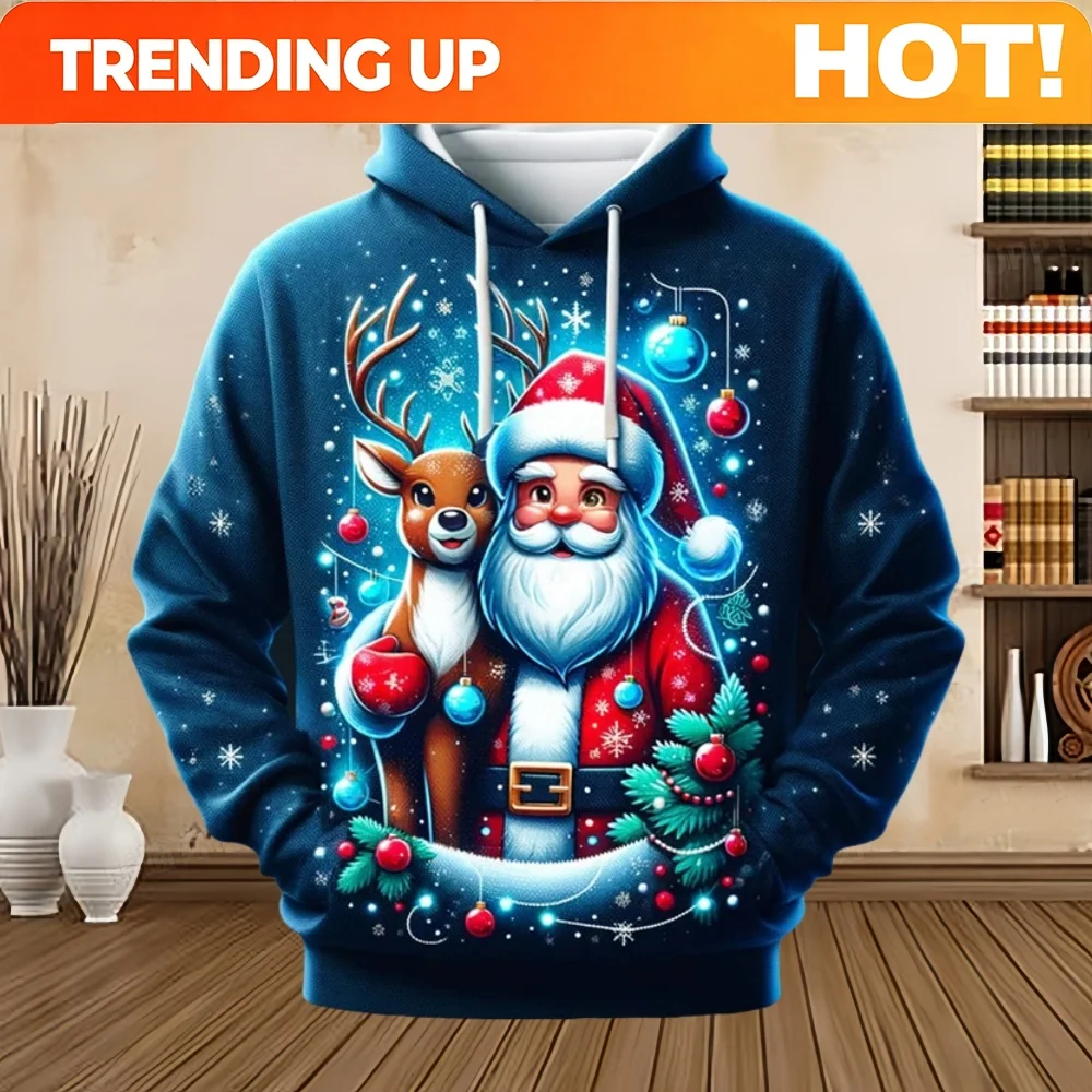 Customization Merry Christmas Santa Claus Graphic Sweatshirts Tree Pullover Hoodies For Men Clothes Hoody Snowman Sweatshirts Gi