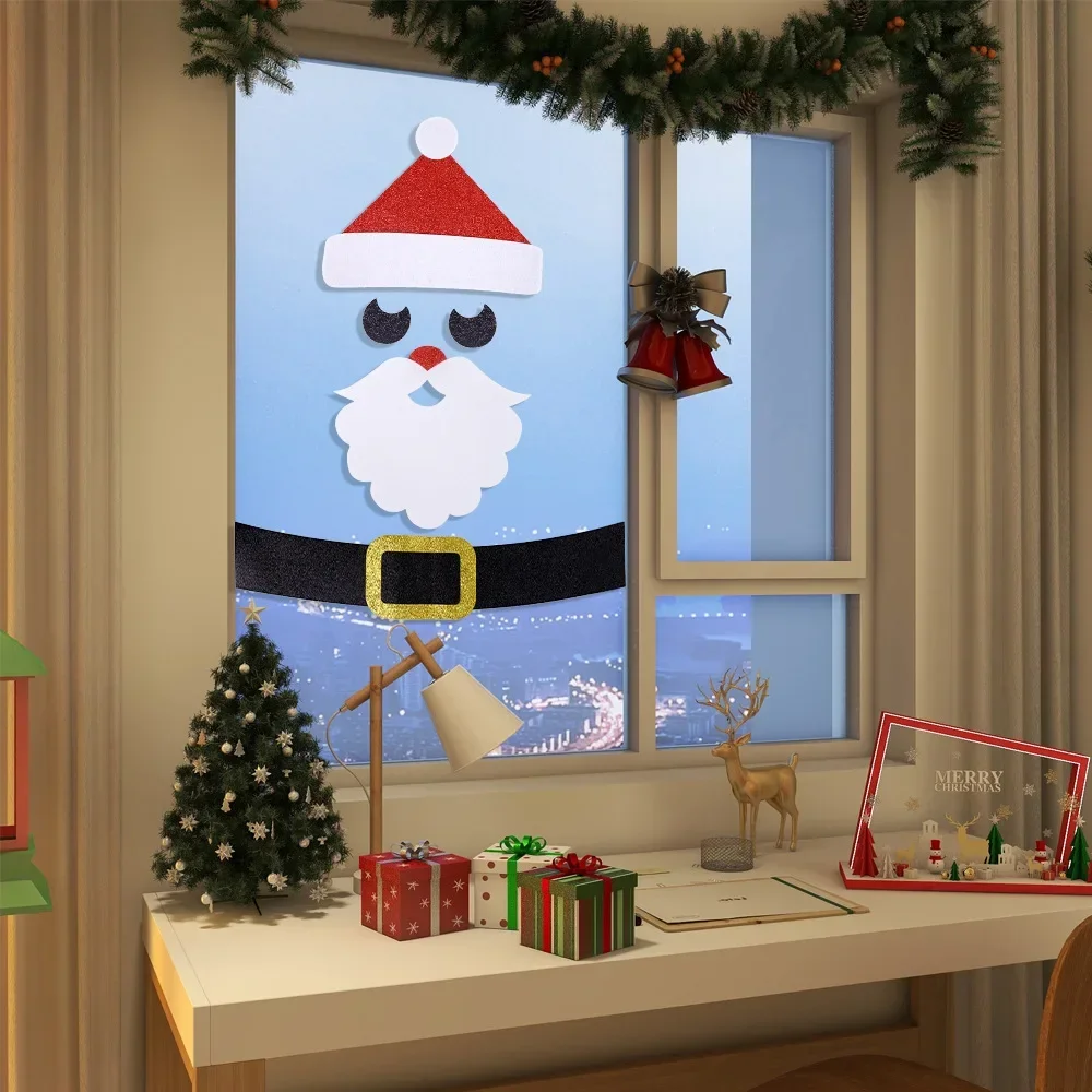 HOT SALE New Year 2024 Christmas Door Window Stickers Felt Cloth Snowman Santa Claus Elk Wall Sticker Christmas Home Decoration