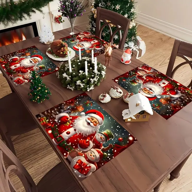 VIKAMA 2/4/6Pcs Winter Christmas Placemats Santa Snowman Gift Snowflake Printed Washable Dining Table Mats Holiday Home Decor