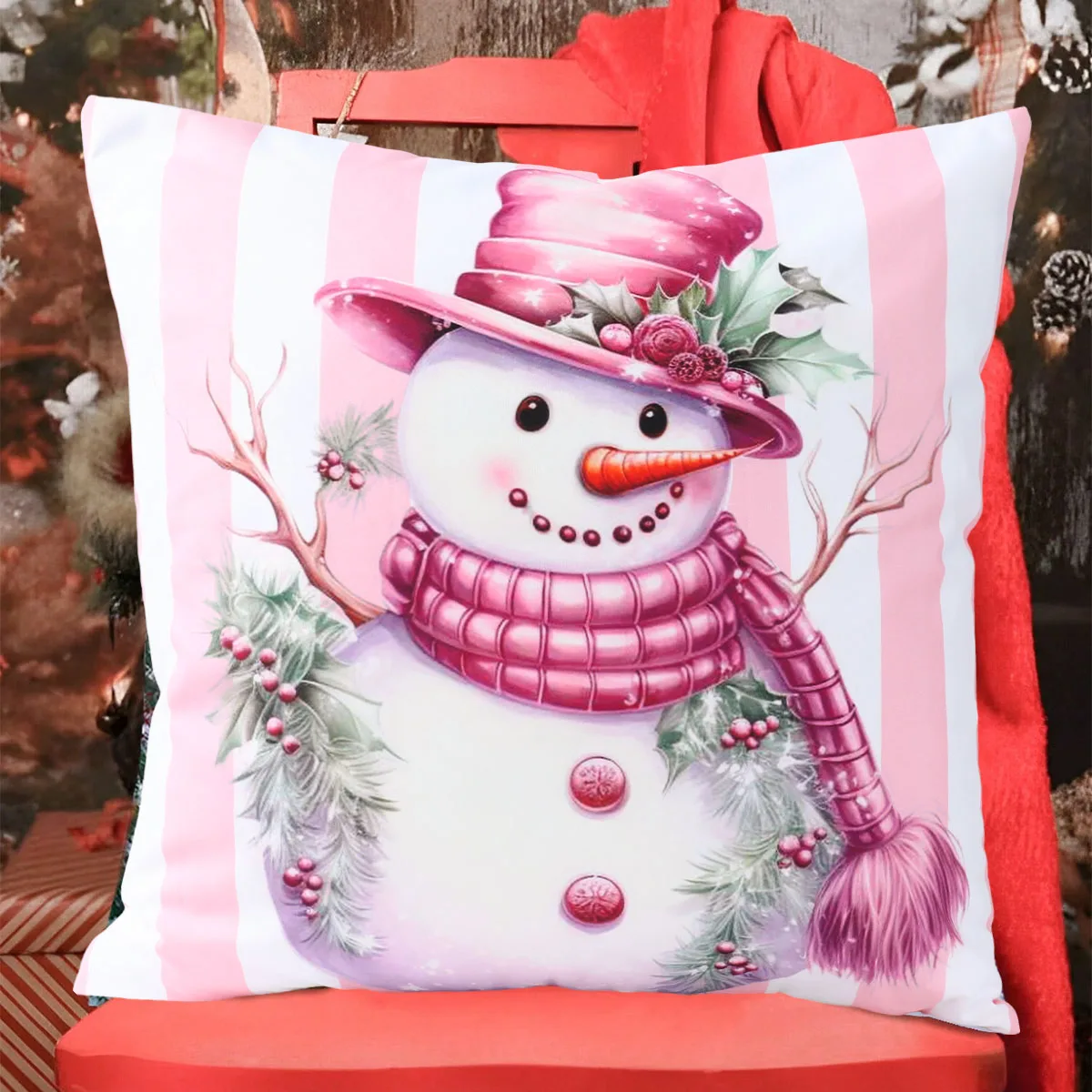 Pink Christmas Cushion Cover Pillowcase Christmas Decoration Snowman Cushion Pillow Cases For Home 2024 Xmas New Year Gifts