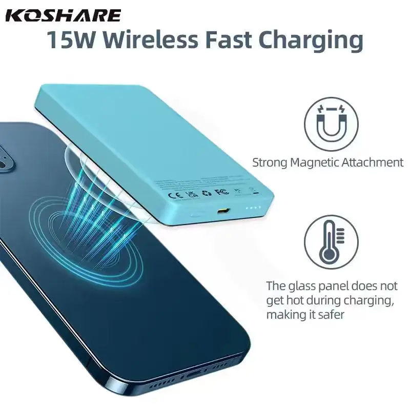 

KOSHARE Thin Power Bank 10000MAH 15W Wireless Charging 22.5W Wired Charge Magnetic Power Bank for iPhone 16 15 14 13 12 Pro Max