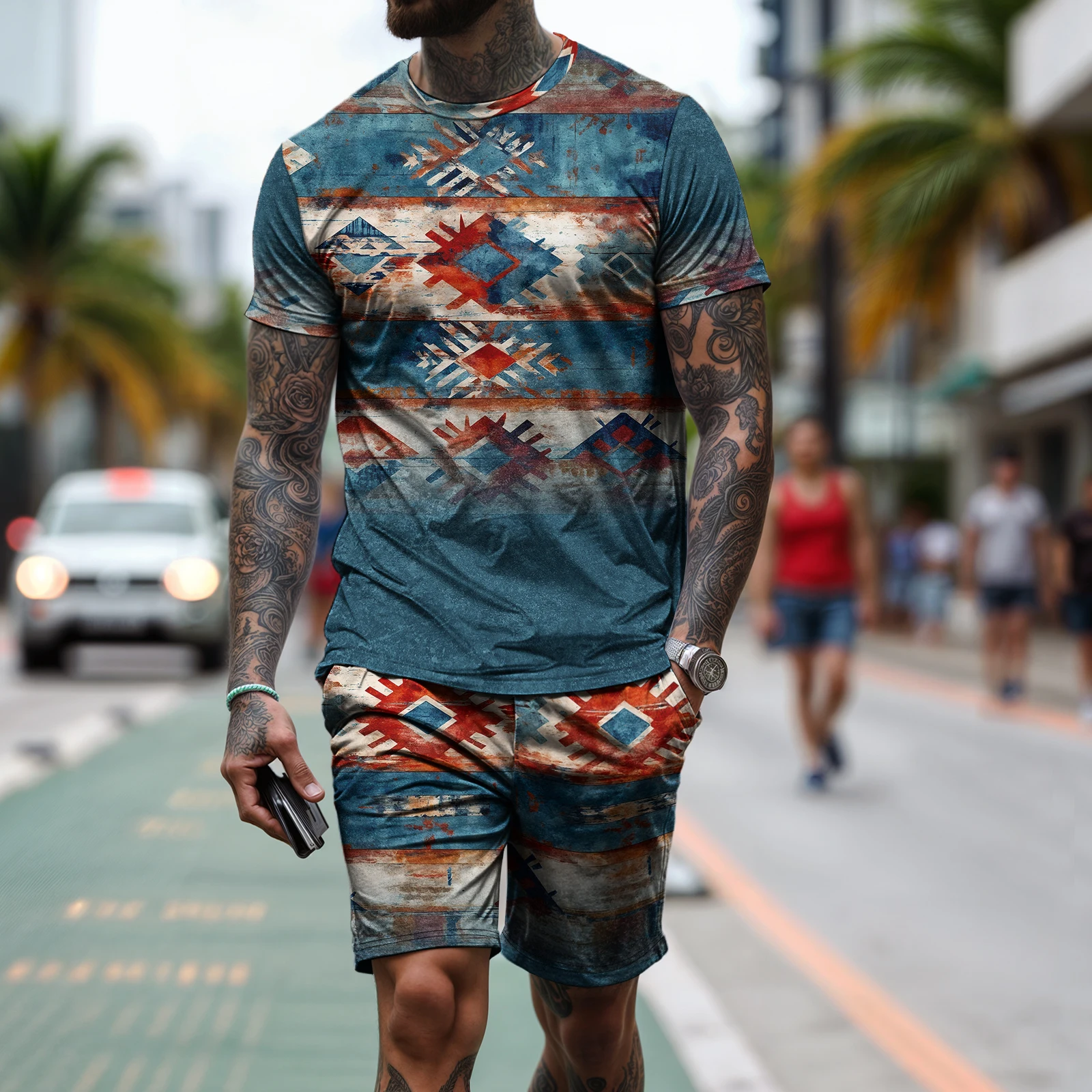 

New 3D Bohemian printed men's sportswear fitness set running suit casual T-shirt+shorts set breathable jogging suit retro set 20