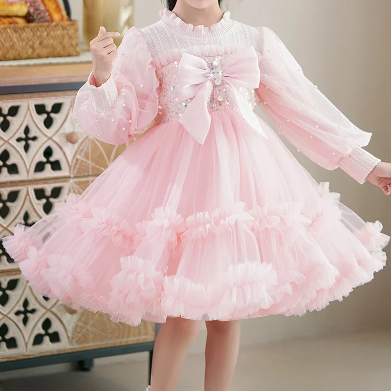 Robe courte en maille à pompadour pour filles, tenue de princesse à fleurs, manches lanternes, # M231