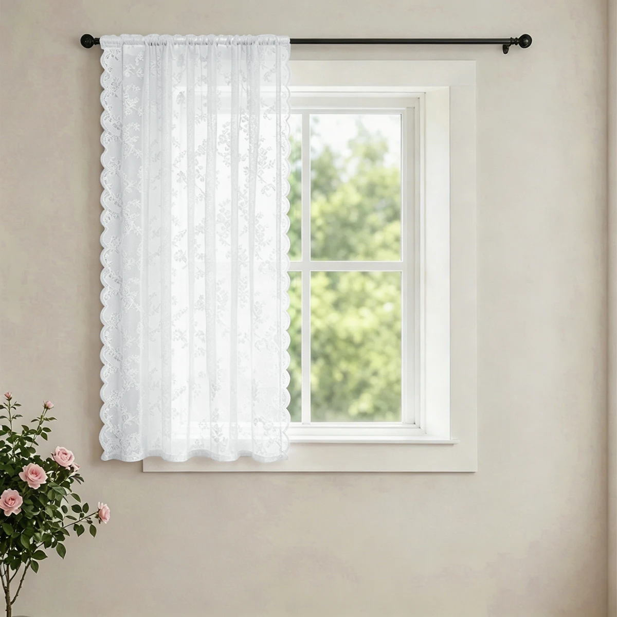 1 Stück französischer Vintage-Rosenspitzenvorhang mit wellenförmigen Rändern, kleiner dekorativer Fenstervorhang ohne Löcher – Detail 8