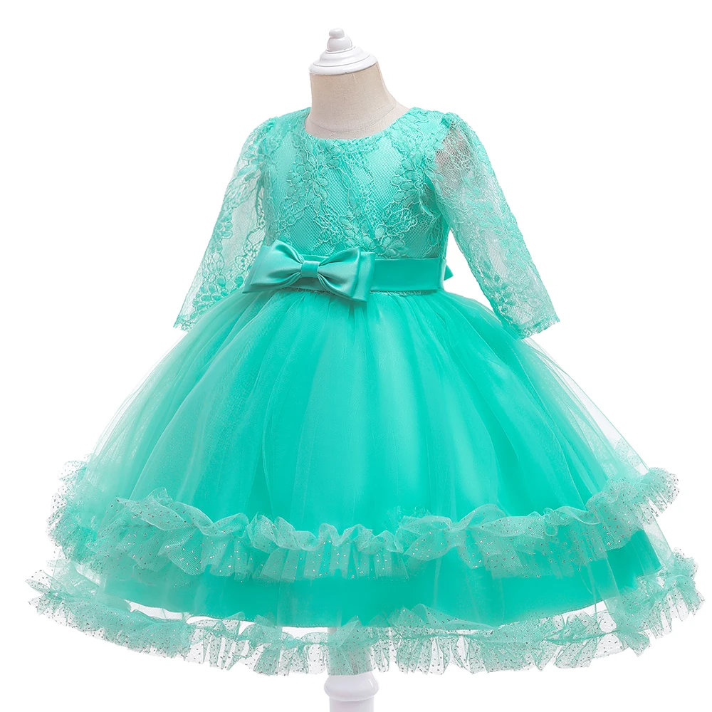 Green Fashion Party Dress For Girls Kids Birthday Princess Dresses Ice Long Sleeves Children Formal Evening Clothes Tulle Wear