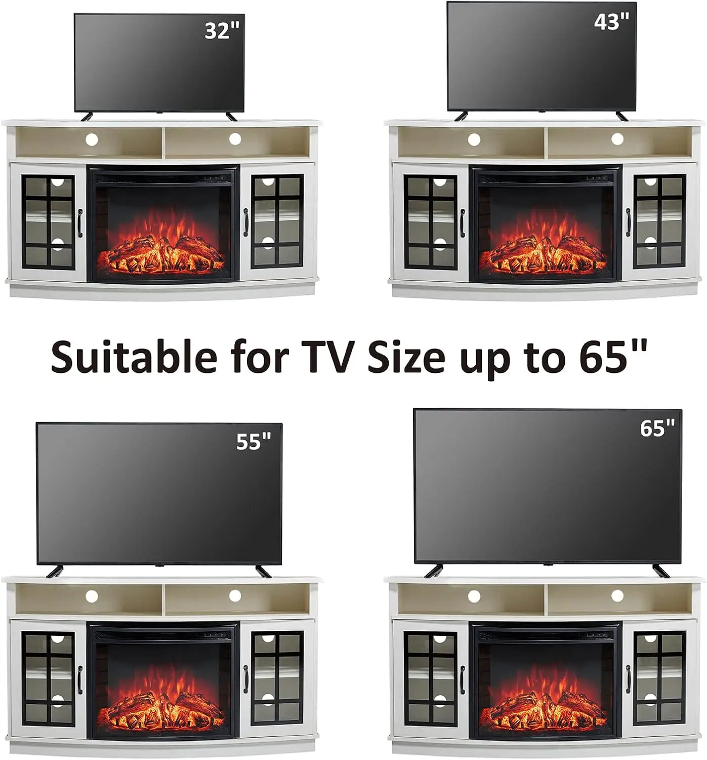 Amerlife-湾曲した暖炉のテレビスタンド、電気暖炉、メディアエンターテインメントセンター、農家のガラス扉、収納キャビネット、26インチ