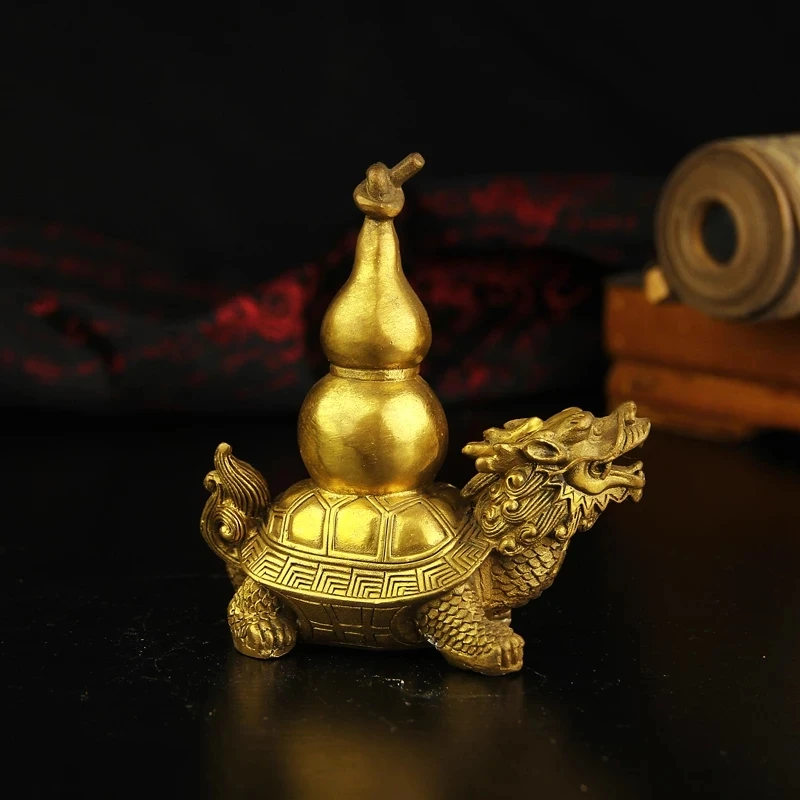 Retro Nostalgia Style High Pure Brass Fantastic Dragon Turtle Gourd Copper Crafts Grade Artwork Home Auspicious Decoration