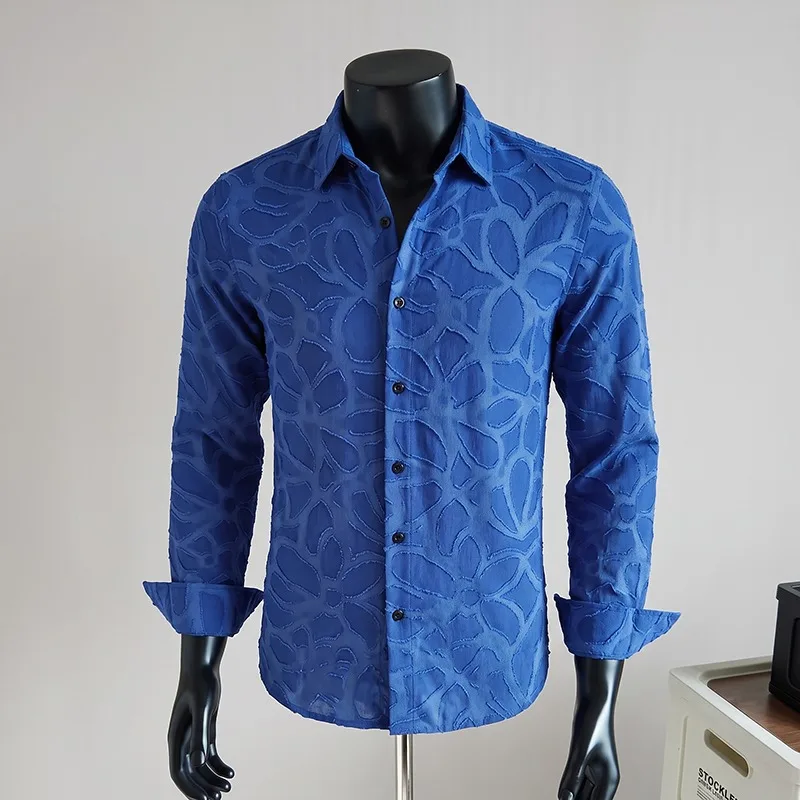 Flower Jacquard Long Sleeved Shirt for Men Simple Casual Business Dress Shirt Social Banquet Party Nightclub Shirts Men Clothing