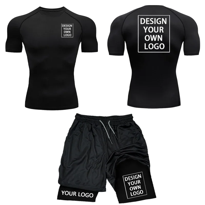 

Fashion New Custom Logo Compression Set for Men Quick Dry GYM Shorts+Shirt 2PCS Personalized Short Sleeve Trainning Sport Suit