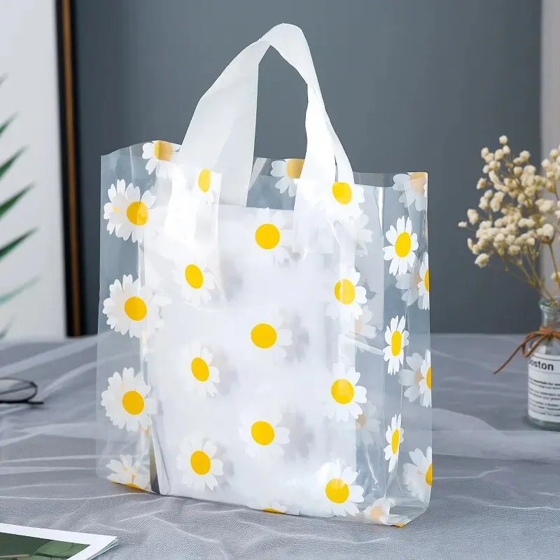 1pc Vertical Folded Edge Handbag, Plastic Bag, Small Daisy Gift Bag, Cosmetics Bag, Clothing Packaging Bag, 50 Pieces