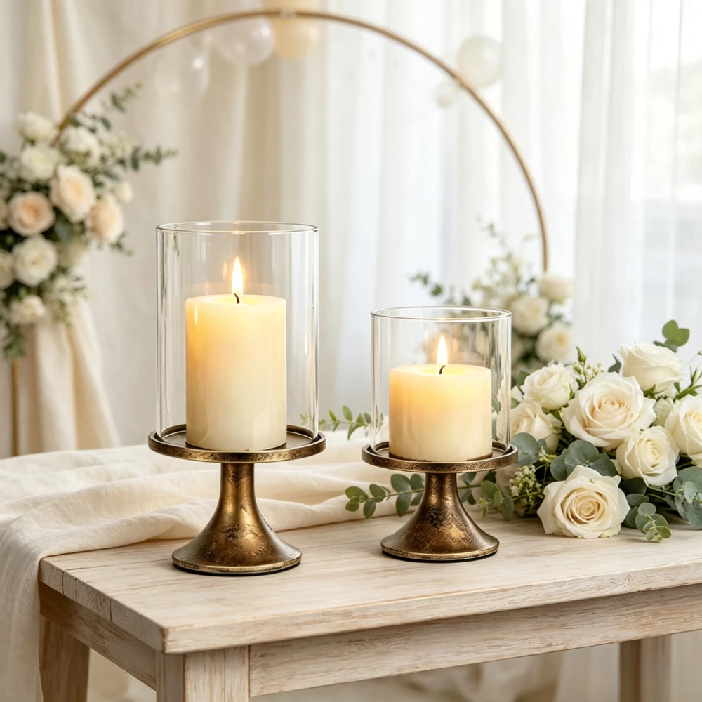2Pcs Vintage Gold Metal Candle Holder with Clear Glass Shade Hurricane Candlestick European Style Wedding Home Decor